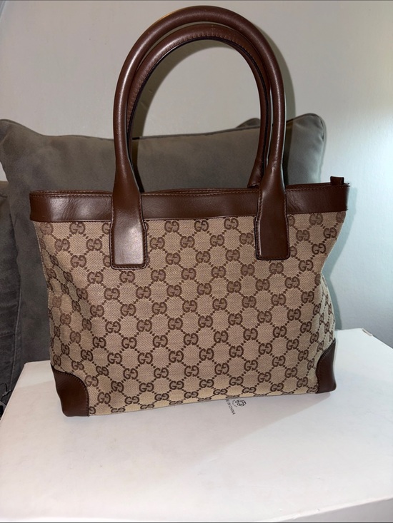 Gucci Handbags - Gucci Beige GG Canvas Tote with Brown Leather Trim